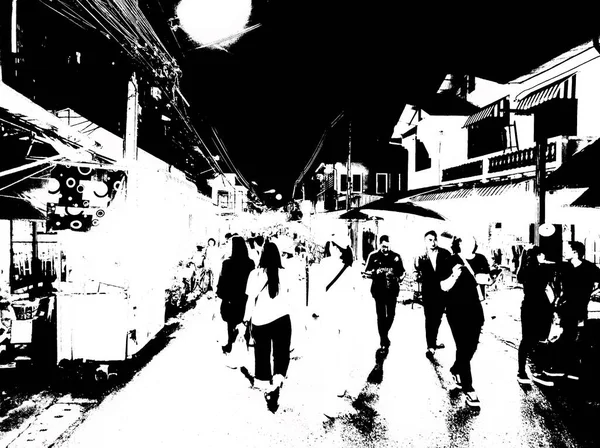 Mercado Nocturno Tailandia Ilustraciones Blanco Negro —  Fotos de Stock