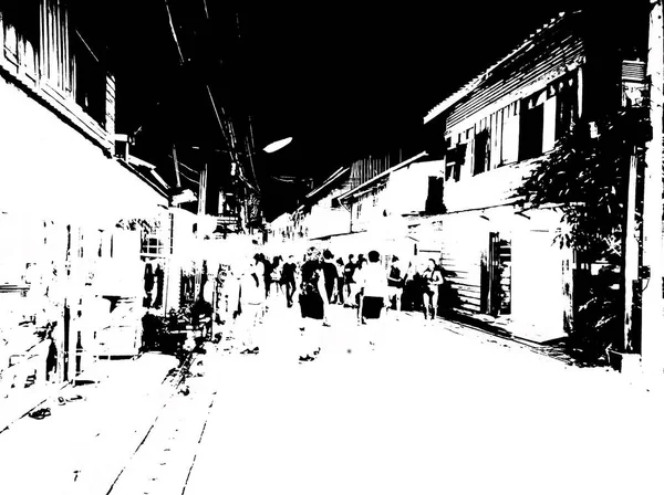 Mercado Nocturno Tailandia Ilustraciones Blanco Negro — Foto de Stock