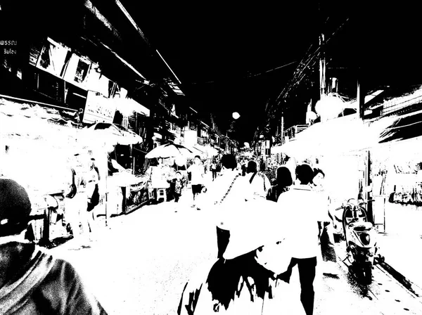 Nachtmarkt Thailand Zwart Wit Illustraties — Stockfoto