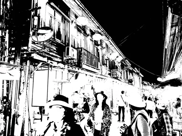 Marché Nuit Thaïlande Illustrations Noir Blanc — Photo