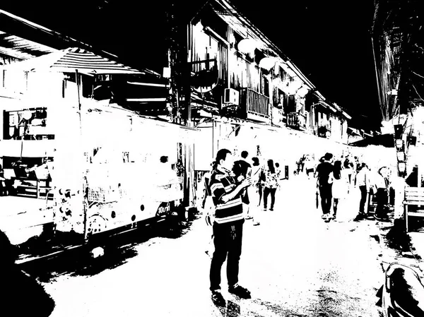 タイのナイトマーケット 白黒イラスト — ストック写真