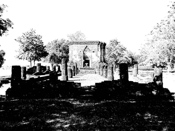 Ruinas Antiguas Sukhothai Patrimonio Humanidad Ilustraciones Blanco Negro —  Fotos de Stock