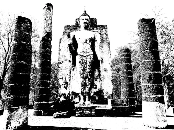 Ruinas Antiguas Sukhothai Patrimonio Humanidad Ilustraciones Blanco Negro — Foto de Stock