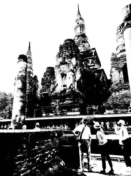 Ruines Antiques Sukhothai Site Patrimoine Mondial Illustrations Noir Blanc — Photo