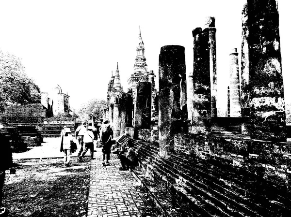 Rovine Antiche Nel Sukhothai Patrimonio Dell Umanità Illustrazioni Bianco Nero — Foto Stock