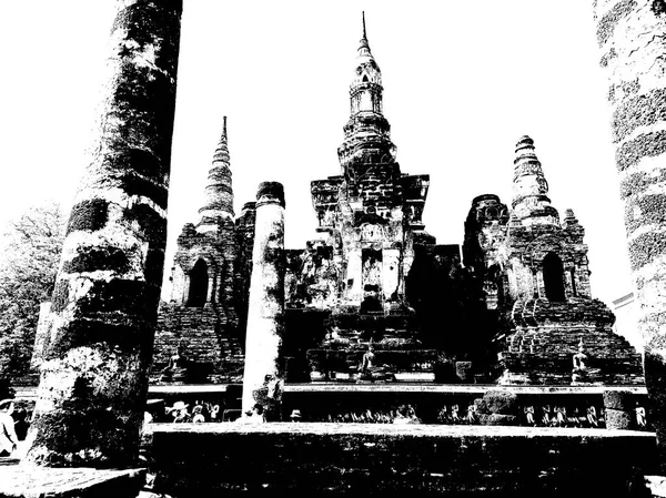 Ruines Antiques Sukhothai Site Patrimoine Mondial Illustrations Noir Blanc — Photo