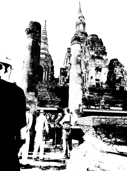 Ruines Antiques Sukhothai Site Patrimoine Mondial Illustrations Noir Blanc — Photo