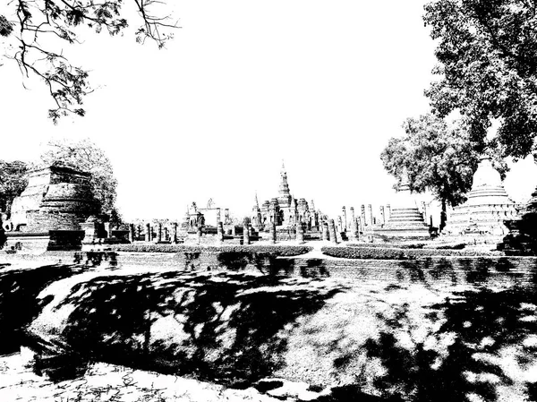 Ancient Ruins Sukhothai World Heritage Site Černobílé Ilustrace — Stock fotografie