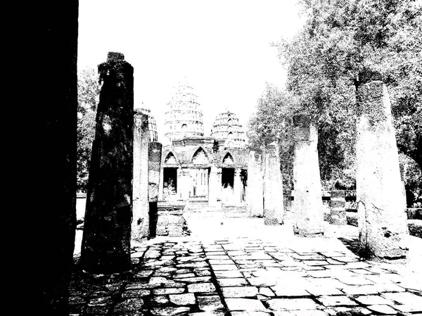 Ruinas Antiguas Sukhothai Patrimonio Humanidad Ilustraciones Blanco Negro —  Fotos de Stock