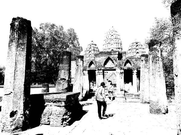Rovine Antiche Nel Sukhothai Patrimonio Dell Umanità Illustrazioni Bianco Nero — Foto Stock