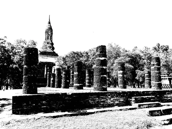 Ruinas Antiguas Sukhothai Patrimonio Humanidad Ilustraciones Blanco Negro —  Fotos de Stock