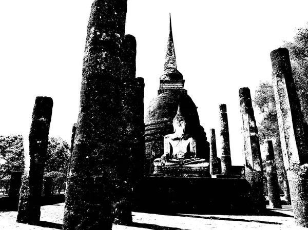 Ruines Antiques Sukhothai Site Patrimoine Mondial Illustrations Noir Blanc — Photo