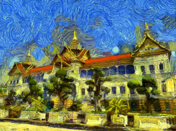 Nagy Palota Wat Phra Kaew Bangkok Thaiföld Illusztrációk Létrehoz Egy — Stock Fotó