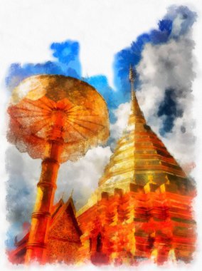 Wat Doi Suthep tapınağı Chiang Mai Tayland suluboya resim sanatçısı.