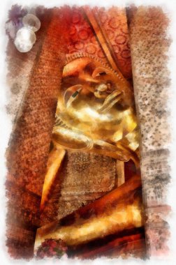 Tayland mimarisinde antik bir bina suluboya resim çizimi.