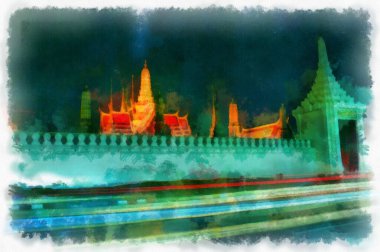 Tayland mimarisinde antik bir bina suluboya resim çizimi.