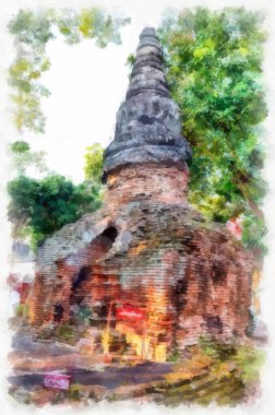 Kuzey Tayland 'ın antik mimarisi suluboya resim çizimi.