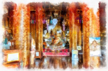 Kuzey Tayland 'ın antik mimarisi suluboya resim çizimi.