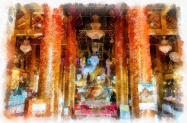 Kuzey Tayland 'ın antik mimarisi suluboya resim çizimi.