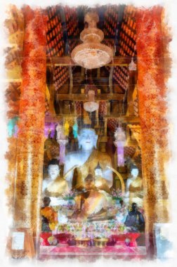 Kuzey Tayland 'ın antik mimarisi suluboya resim çizimi.