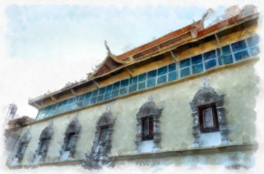 Kuzey Tayland 'ın antik mimarisi suluboya resim çizimi.