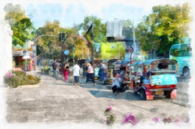 Bir grup turist otobüsten inip Chiang Mai suluboya resim çizimine katılacaklar..