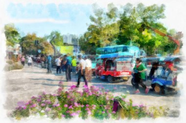 Bir grup turist otobüsten inip Chiang Mai suluboya resim çizimine katılacaklar..