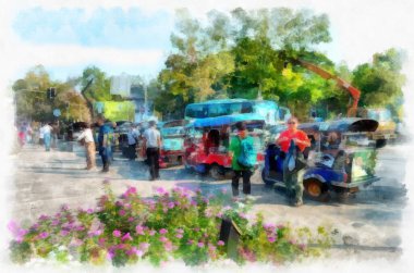 Bir grup turist otobüsten inip Chiang Mai suluboya resim çizimine katılacaklar..