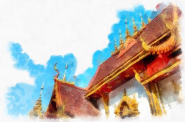 Kuzey Tayland 'ın antik mimarisi suluboya resim çizimi.