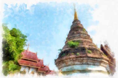 Kuzey Tayland 'ın antik mimarisi suluboya resim çizimi.