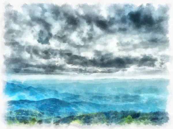 Landschaft Der Berge Himmel Und Wald Aquarell Stil Illustration Impressionistische — Stockfoto