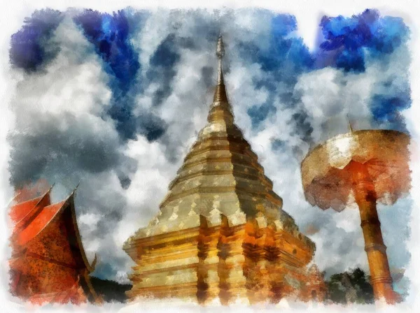 Wat Doi Suthep Świątynia Chiang Mai Tajlandia Akwarela Styl Ilustracja — Zdjęcie stockowe