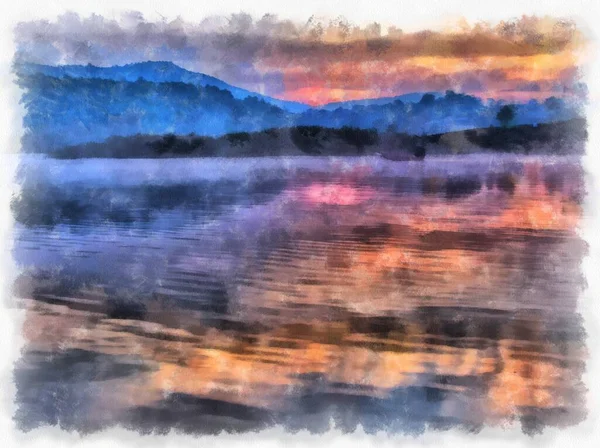 Озеро Ранкове Світло Акварельний Стиль Ілюстрація Імпресіоністський Живопис — стокове фото