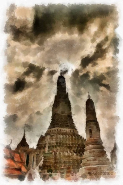 Starożytny Budynek Tajlandii Architektura Akwarela Styl Ilustracja Impresjonista Malarstwo — Zdjęcie stockowe
