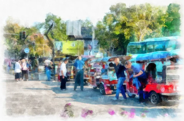 Groupe Touristes Qui Prennent Une Voiture Tuk Tuk Descendent Bus — Photo