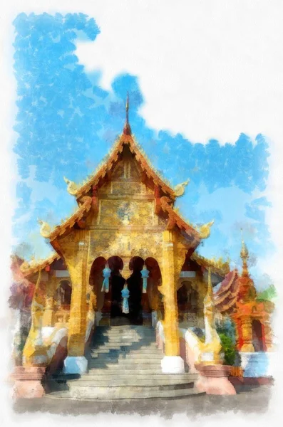 タイ北部の古代建築水彩画スタイルのイラスト印象派絵画 — ストック写真