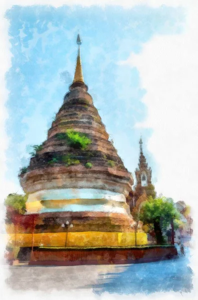 Starověká Architektura Severní Thailand Akvarel Styl Ilustrace Impresionista Malířství — Stock fotografie