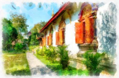 Kuzey Tayland 'ın antik mimarisi suluboya resim çizimi.