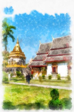 Kuzey Tayland 'ın antik mimarisi suluboya resim çizimi.