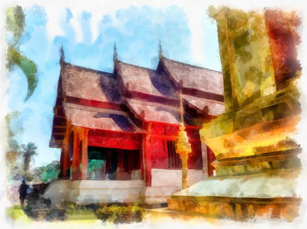 Kuzey Tayland Antik Mimarisi Suluboya Resim Çizimi — Stok fotoğraf