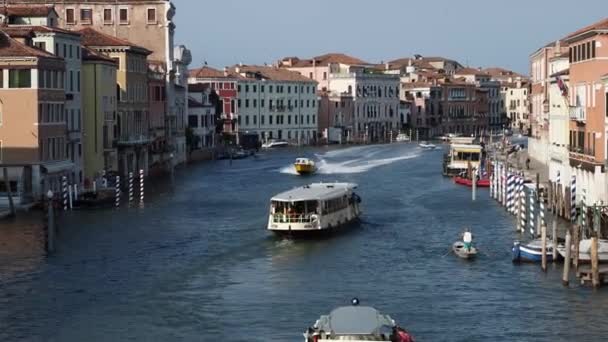 典型的救护车沿着意大利威尼斯大运河航行 穿着橙色夹克的医生 黄色的船 与医生一起救援的医疗船 — 图库视频影像
