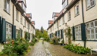 Almanya 'nın Lubeck kentinin eski caddesinde eski evleri ve çiçekleri olan güzel bir avlu.