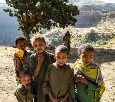 Simien Dağları, Etiyopya - Şubat 08, 2020: Etiyopya 'daki Simien Dağları Ulusal Parkı' ndaki Etiyopya halkı. Afrika.