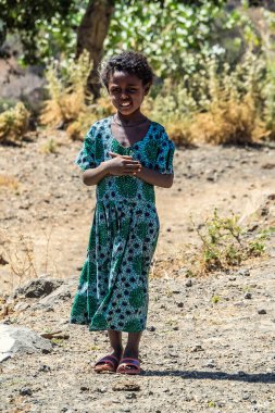 Aksum, Etiyopya - Şubat 08, 2020: Axum 'dan Simien dağlarına giden yolda Etiyopyalı kız, Kuzey Etiyopya, Afrika.