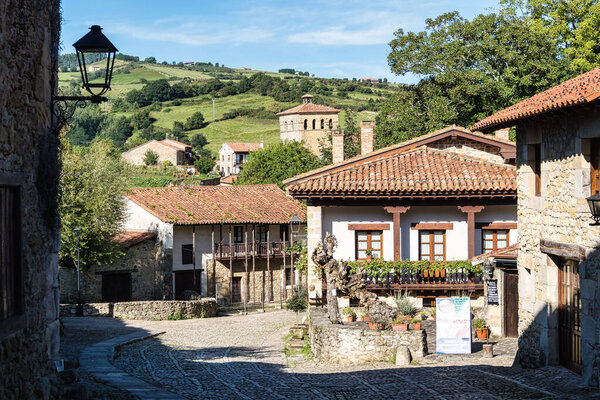 Plaza de Mayor in Santillana del Mar, Cantabria, Spain. Typical architecture in the main square of Santillana del Mar