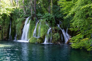 Hırvatistan 'ın Plitvice Gölleri Ulusal Parkı' nda turkuaz suyla şelalenin görkemli manzarası. Avrupa. Hırvatistan 'ın en eski ve en büyük ulusal parklarından biri. UNESCO Dünya Mirası