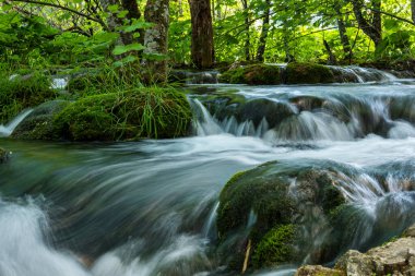 Hırvatistan 'ın Plitvice Gölleri Ulusal Parkı' nda turkuaz suyla şelalenin görkemli manzarası. Avrupa. Hırvatistan 'ın en eski ve en büyük ulusal parklarından biri. UNESCO Dünya Mirası