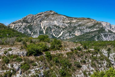 Verdon Gorge, Gorges du Verdon, Fransız Alpleri, Provence, Fransa 'da turkuaz yeşili kıvrımlı nehir ve yüksek kireçtaşı kayalarıyla ünlü kanyonun muhteşem manzarası.