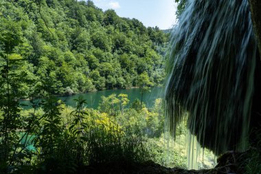 Hırvatistan 'ın Plitvice Gölleri Ulusal Parkı' nda turkuaz suyla şelalenin görkemli manzarası. Avrupa. Hırvatistan 'ın en eski ve en büyük ulusal parklarından biri. UNESCO Dünya Mirası