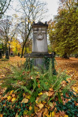 Münih, Almanya - 01 Kasım 2020: Tarihi mezar taşlarıyla ünlü Münih Eski Kuzey Mezarlığı manzarası. Cenazeler 1944 'ten beri burada yapılmadı. Bunun yerine mezarlık bir park olarak kullanılıyor..